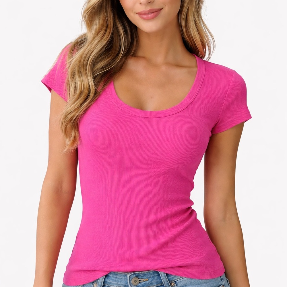 Pilcro Hot Pink Scoop Neck Short Sleeve Tee